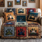 Paw Prints on Blue and Tan Squares Sofa Cover