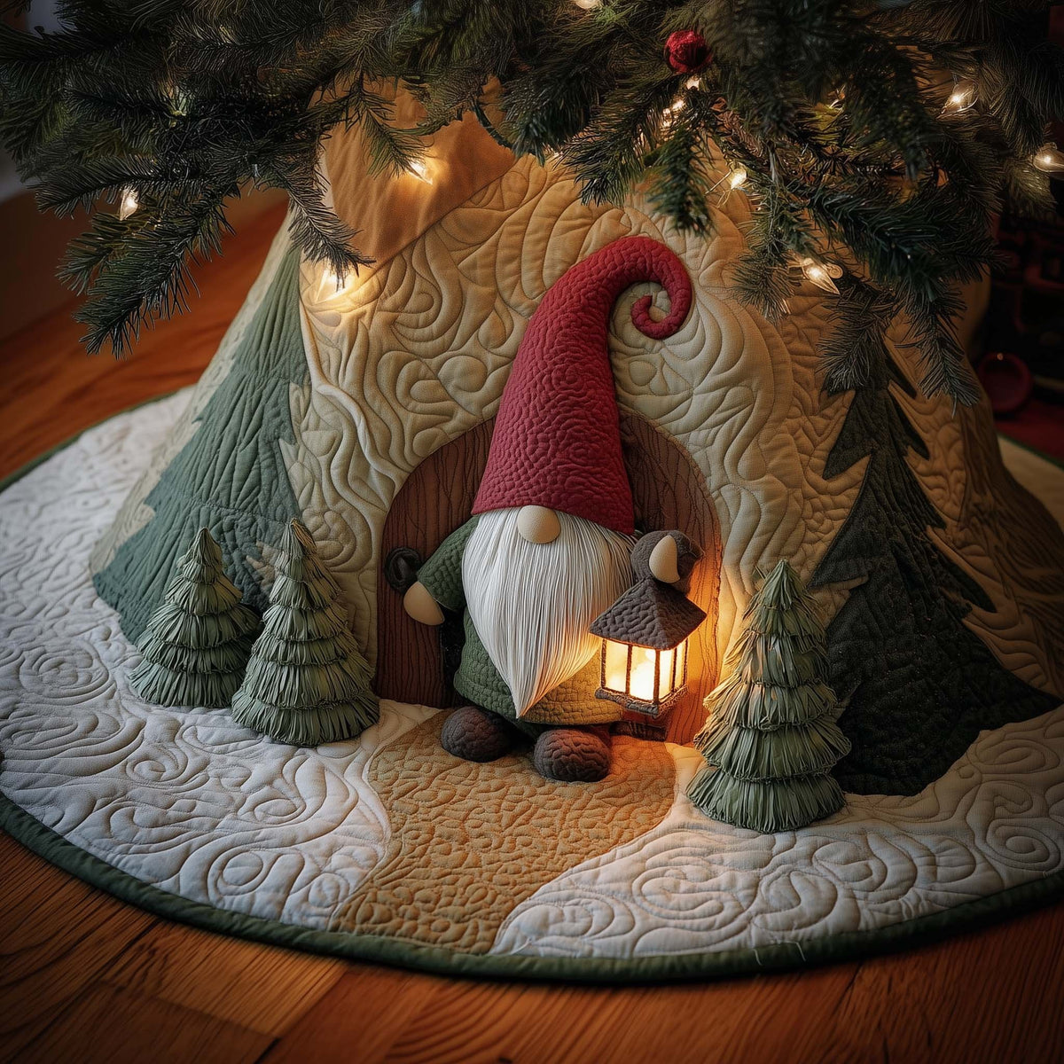 Forest Gnome Gnome with a Lantern in the Pines Christmas Tree Skirt