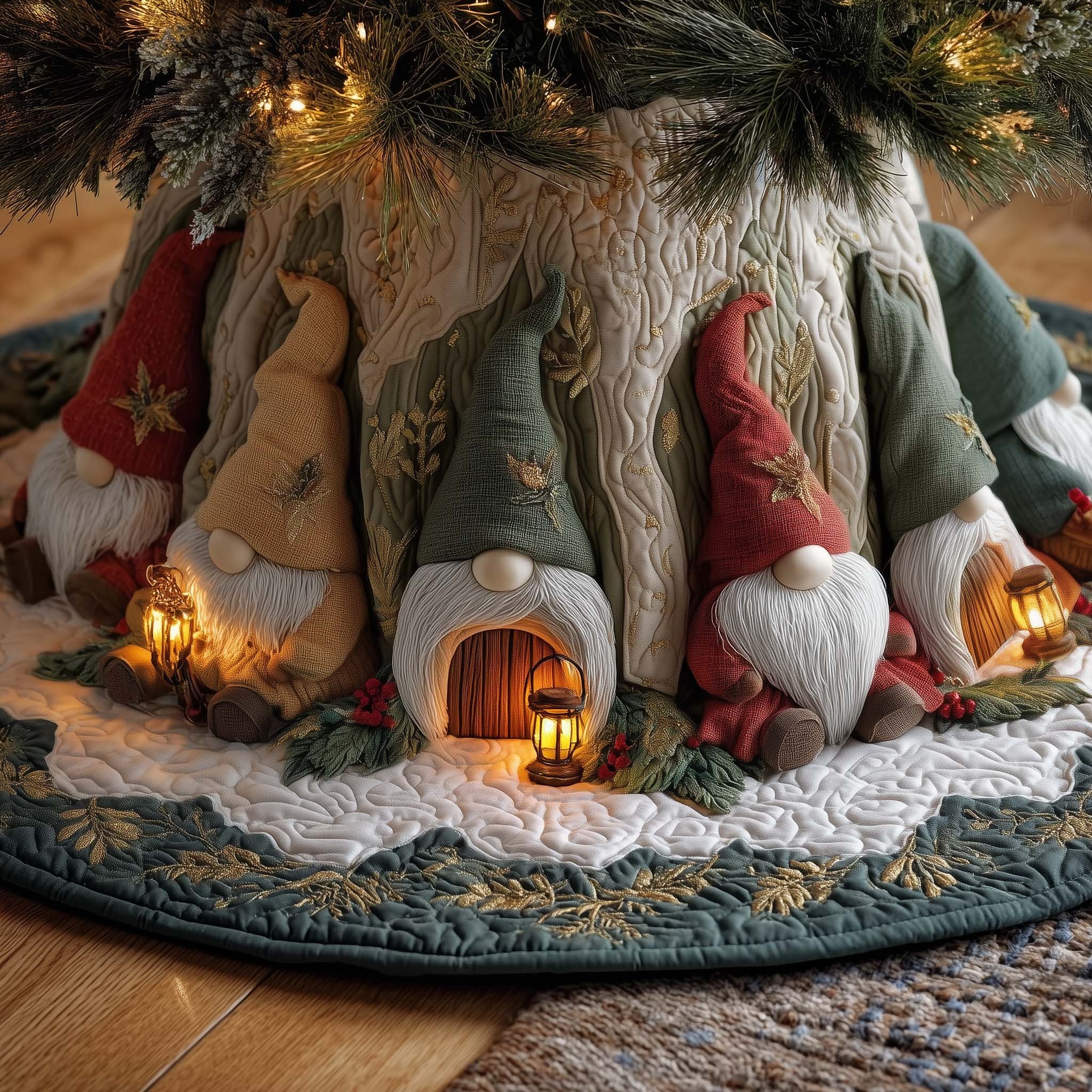 Gnomes Outside the Glowing Cottage Christmas Tree Skirt