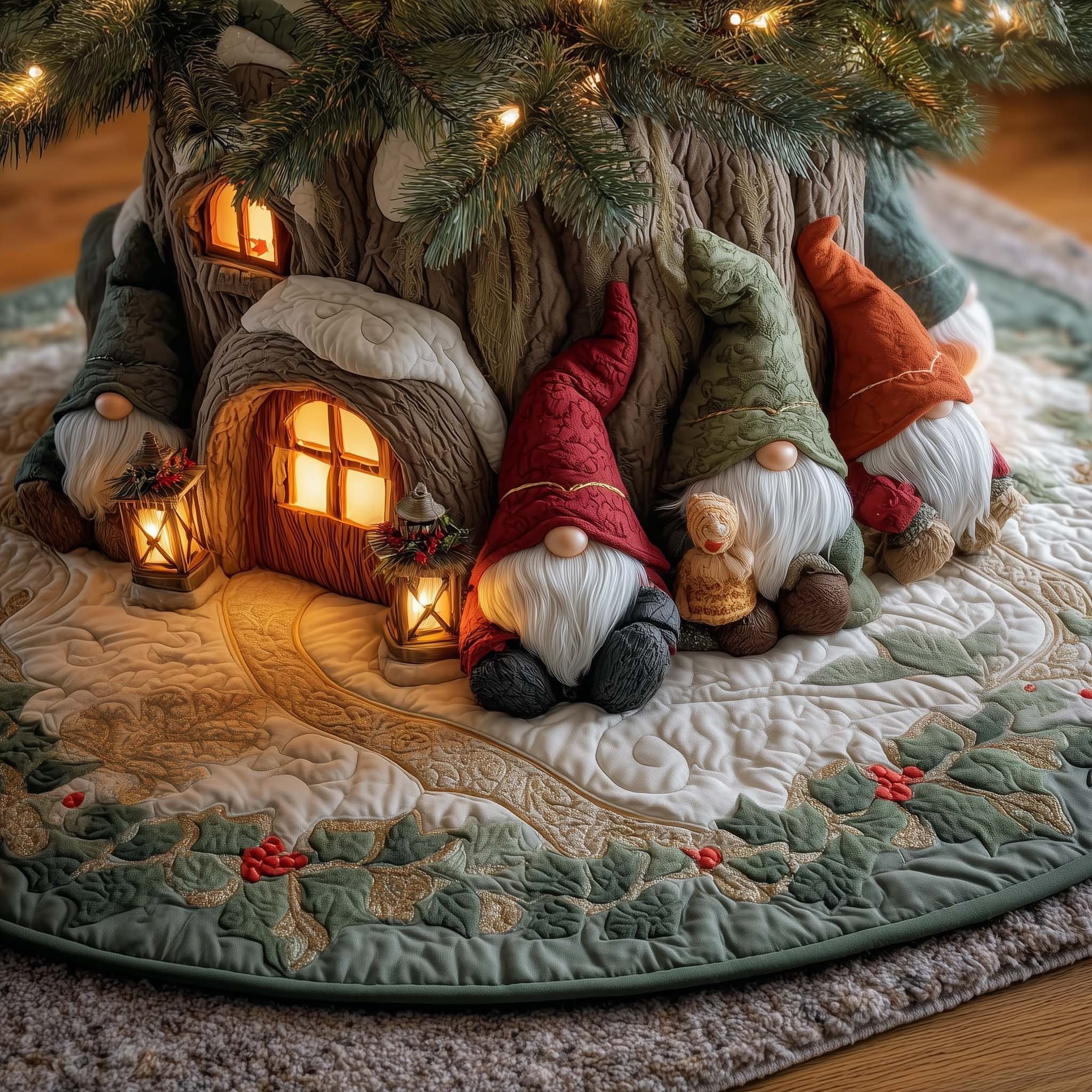Gnomes Beside Lit Windows Christmas Tree Skirt