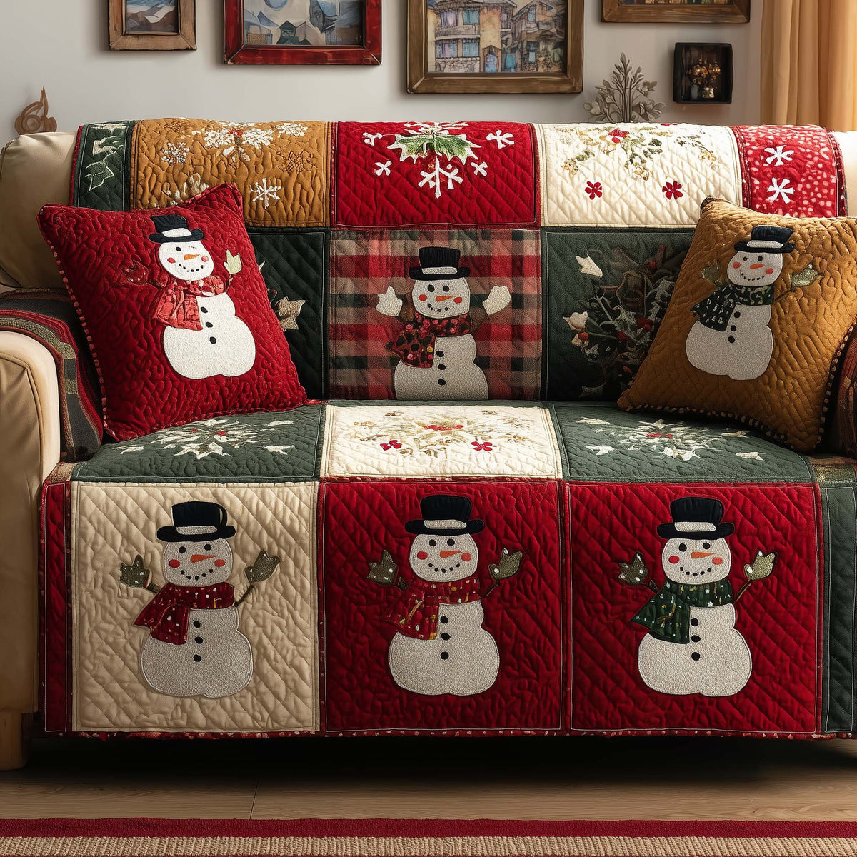 Snowmen on Red and Plaid Squares Sofa Cover