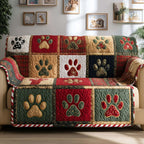 Paw Prints on Green and Red Squares Sofa Cover