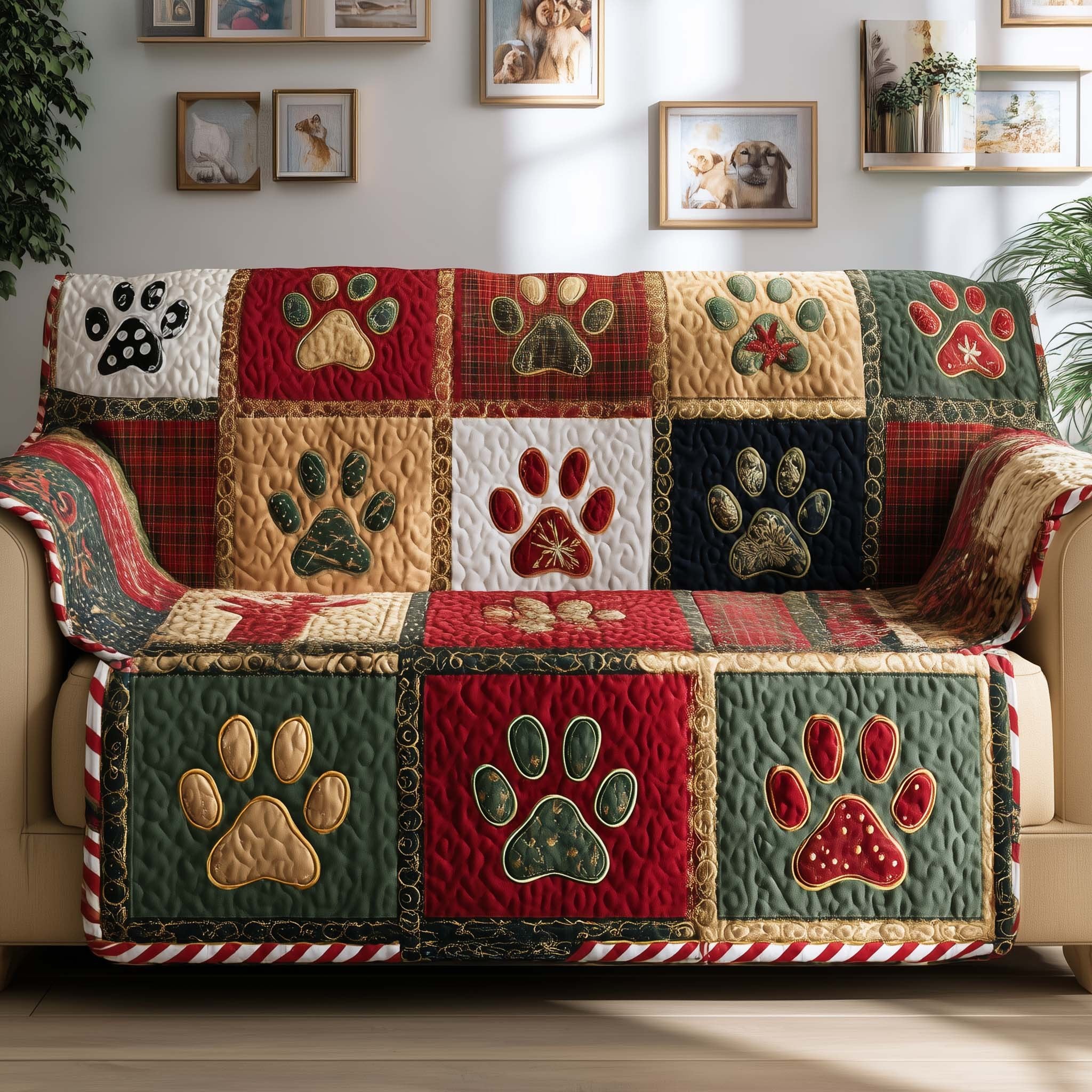 Paw Prints on Green and Red Squares Sofa Cover