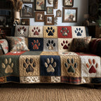 Paw Prints on Navy and Cream Squares Sofa Cover