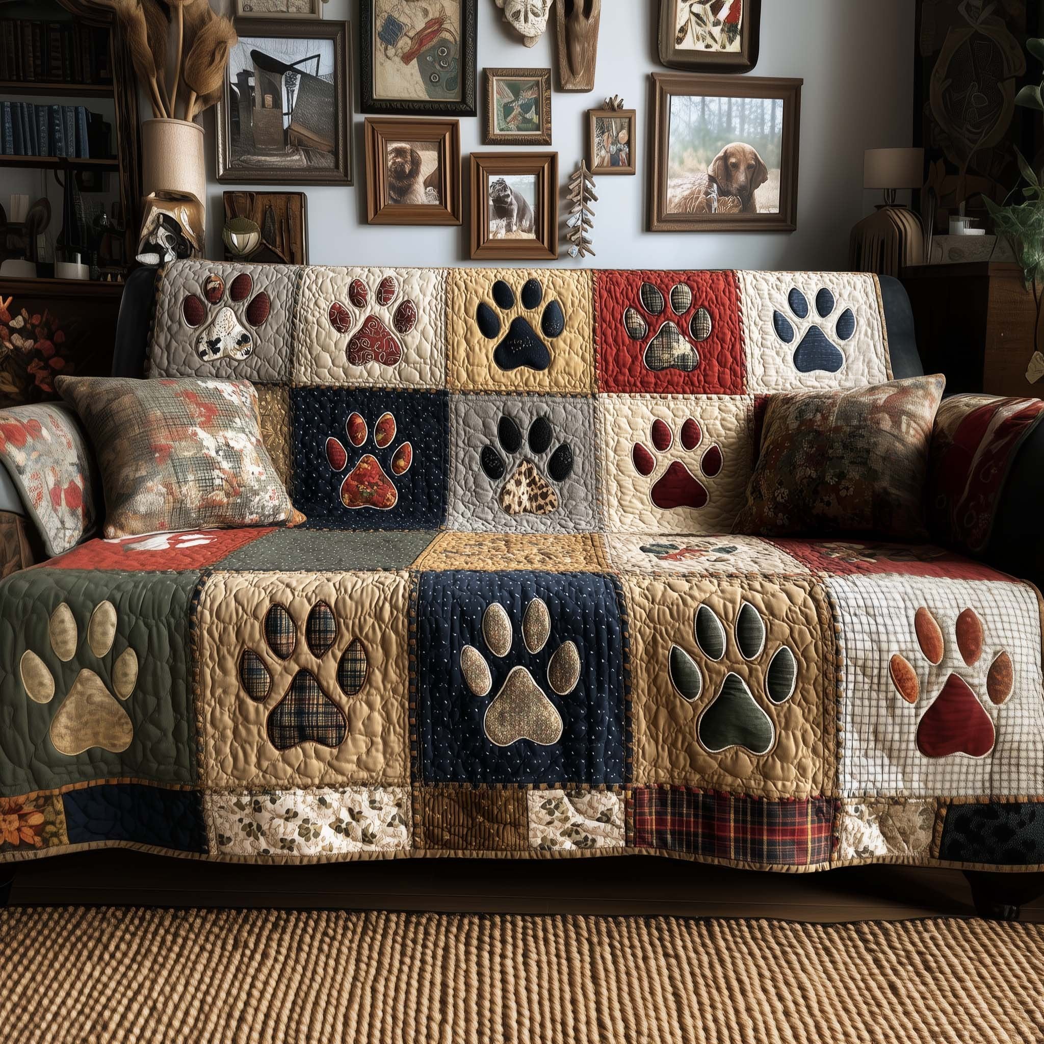 Paw Prints on Navy and Cream Squares Sofa Cover