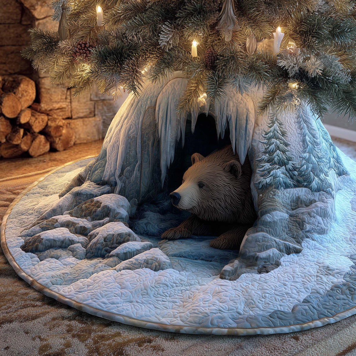 Polar Bear in the Icicle Cave Christmas Tree Skirt
