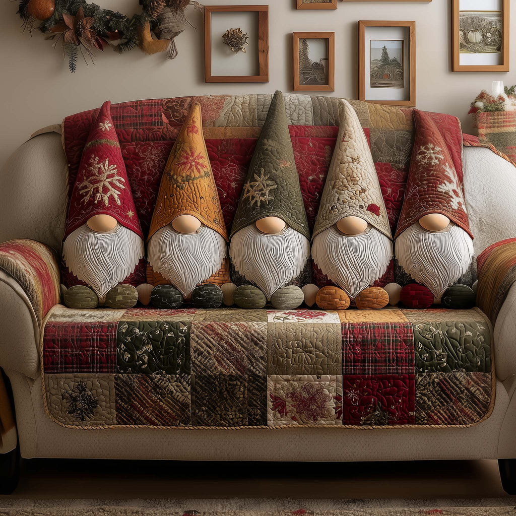 Gnomes in Tall Hats on Patchwork Sofa Cover
