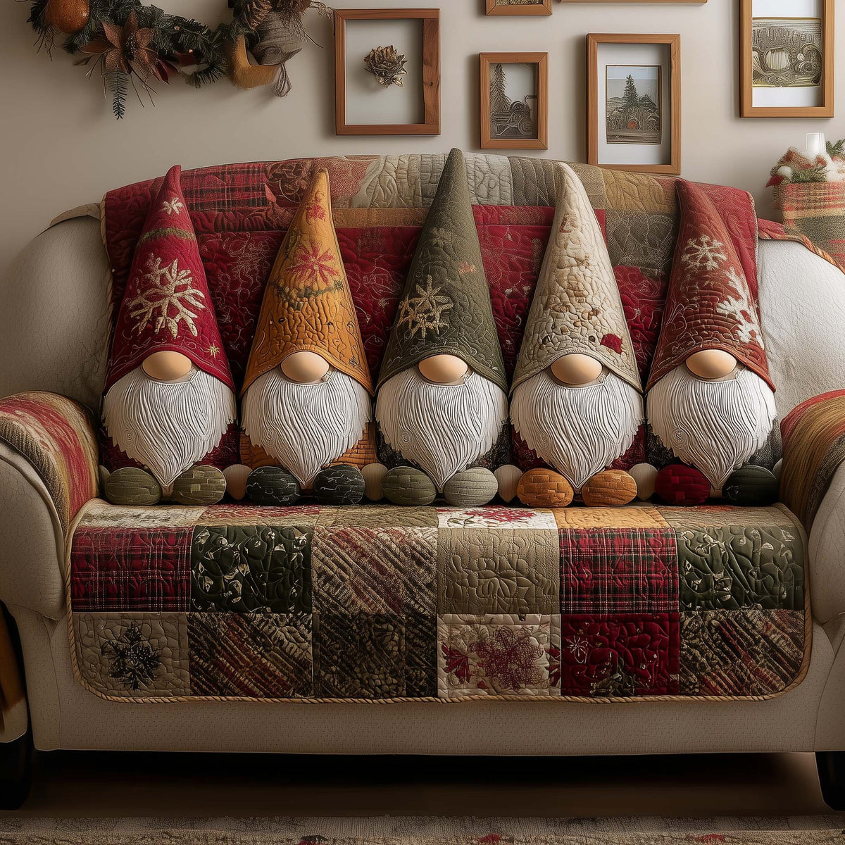 Gnomes in Tall Hats on Patchwork Sofa Cover