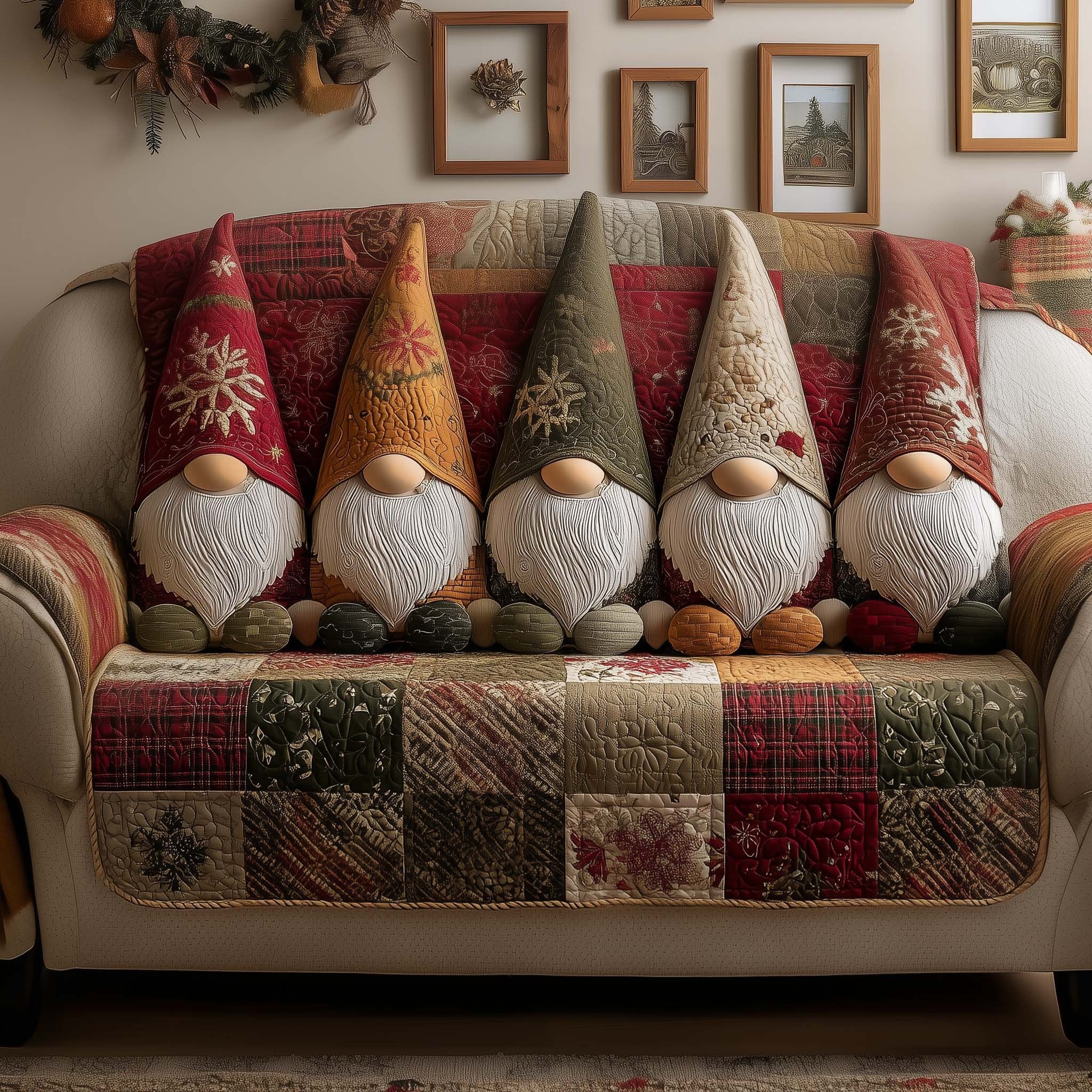Gnomes in Tall Hats on Patchwork Sofa Cover