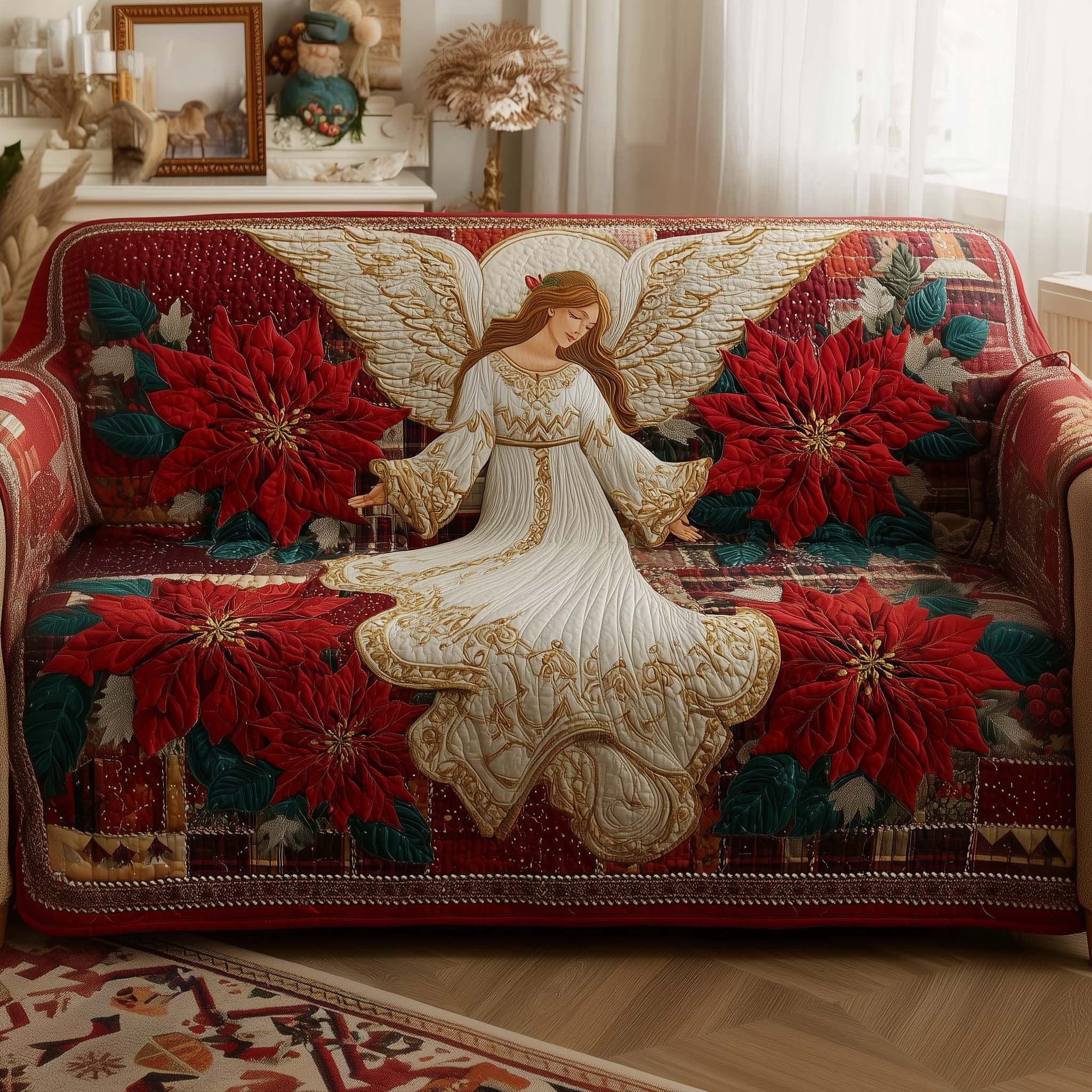 White Angel with Red Poinsettias Sofa Cover