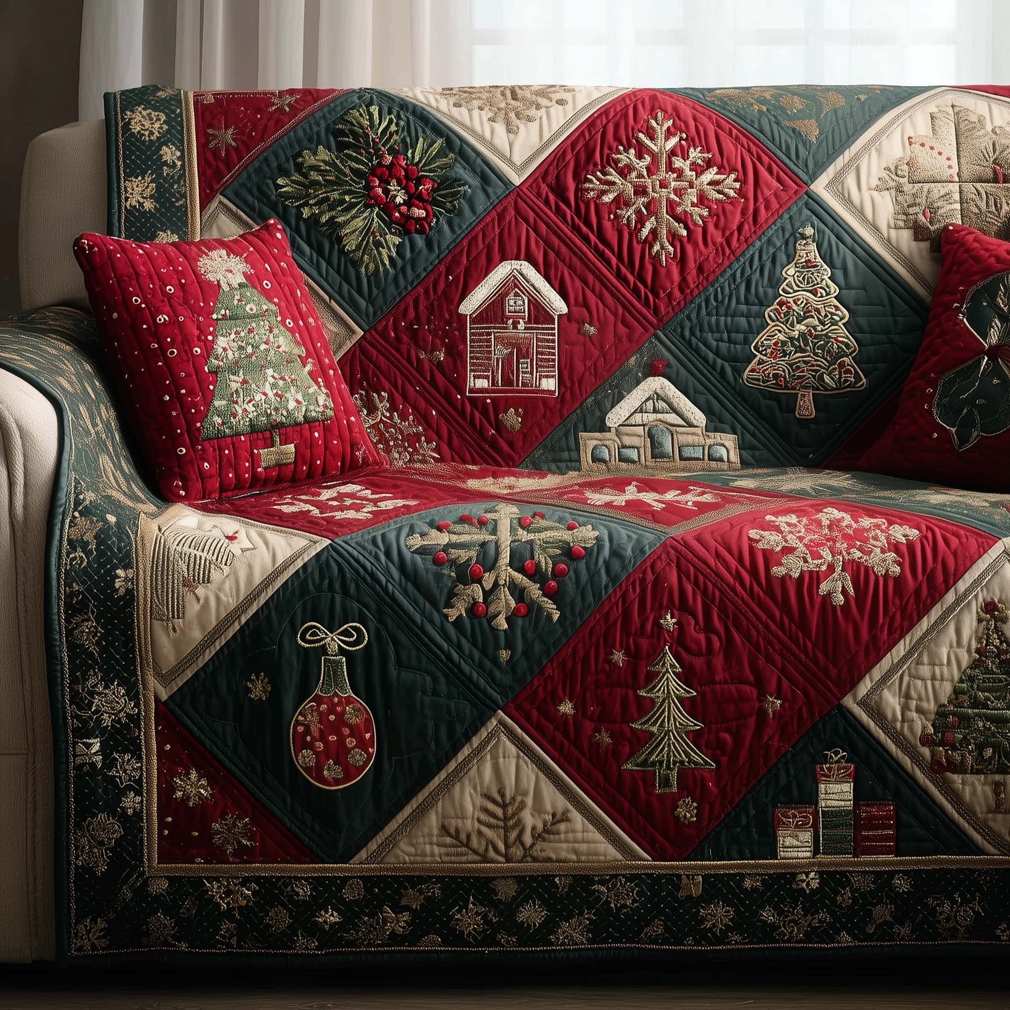 Ornament Blocks in Red and Green Sofa Cover