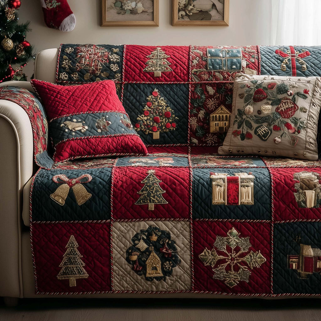 Wreath and Bell Blocks in Deep Red Sofa Cover