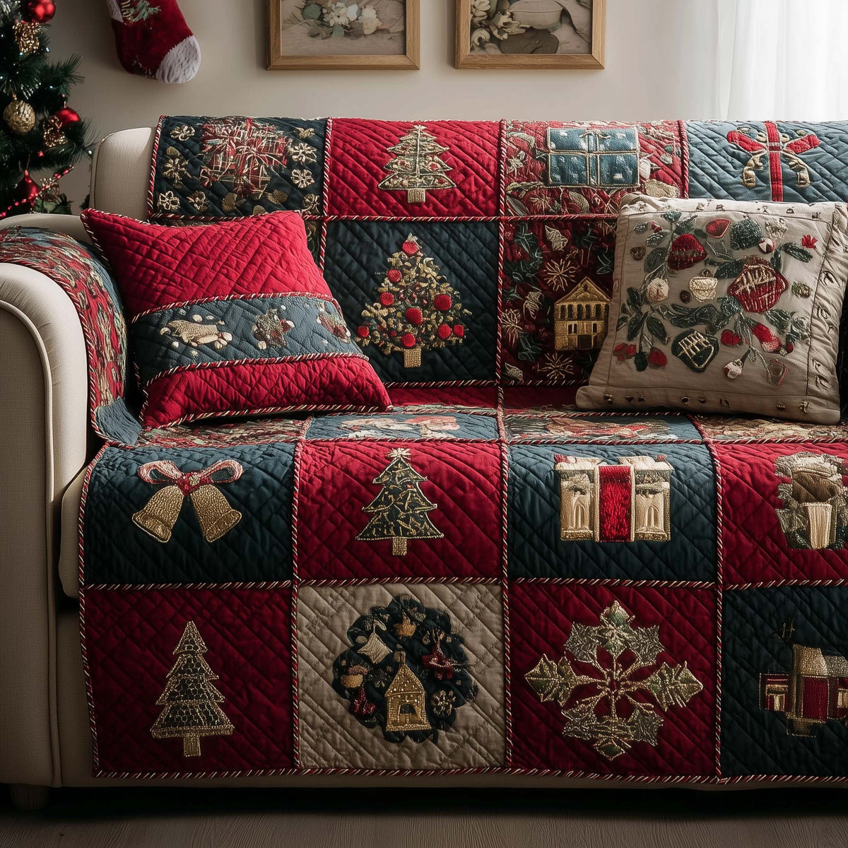 Wreath and Bell Blocks in Deep Red Sofa Cover