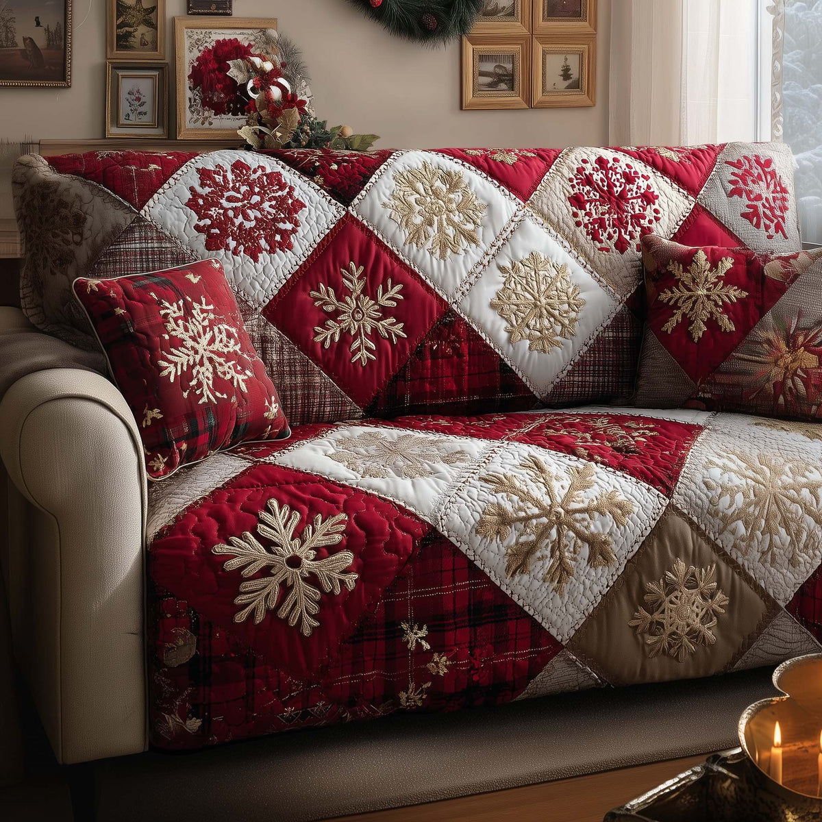 Snowflakes on Red and White Diamonds Sofa Cover