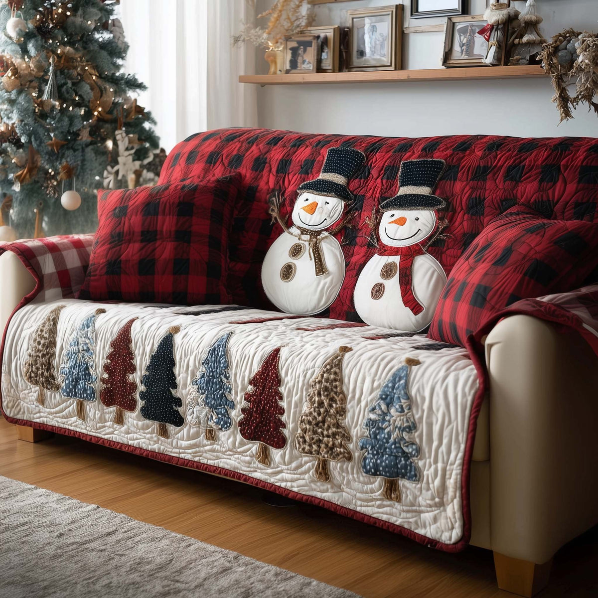 Snowmen on Red Buffalo Check with Pines Sofa Cover