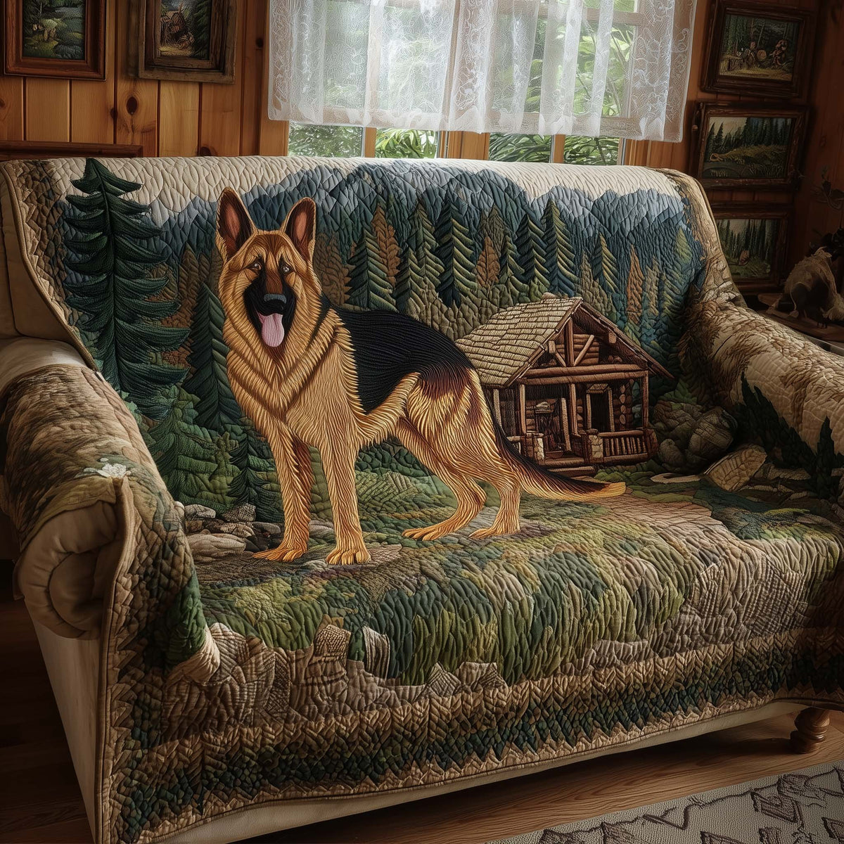 German Shepherd Beside the Log Cabin Sofa Cover