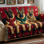 German Shepherds in Scarves on Red Plaid Sofa Cover