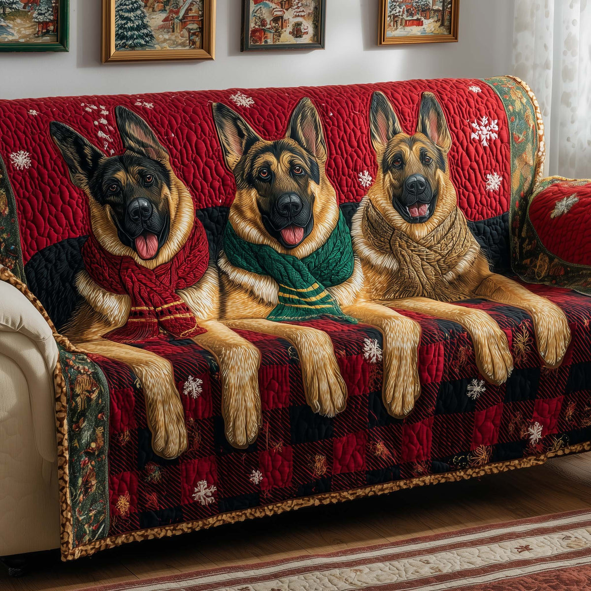 German Shepherds in Scarves on Red Plaid Sofa Cover