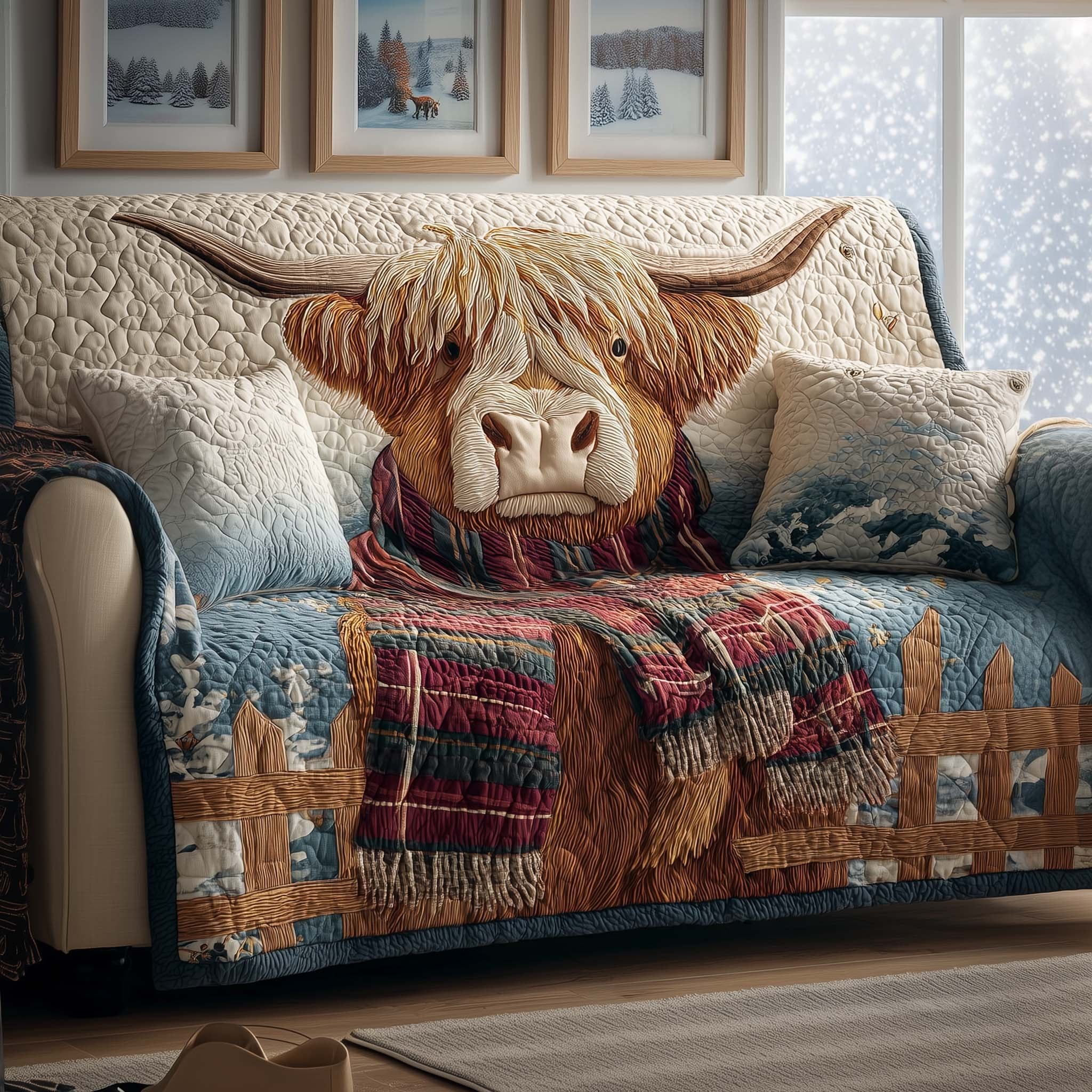 Highland Cow with a Plaid Blanket Sofa Cover