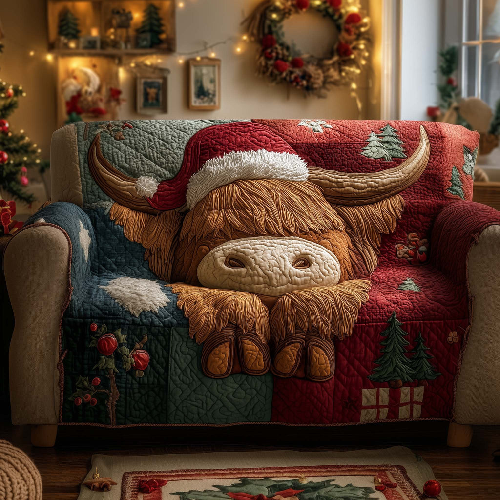 Highland Cow in Santa Hat on Red Sofa Cover