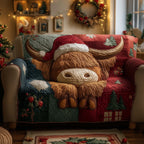Highland Cow in Santa Hat on Red Sofa Cover