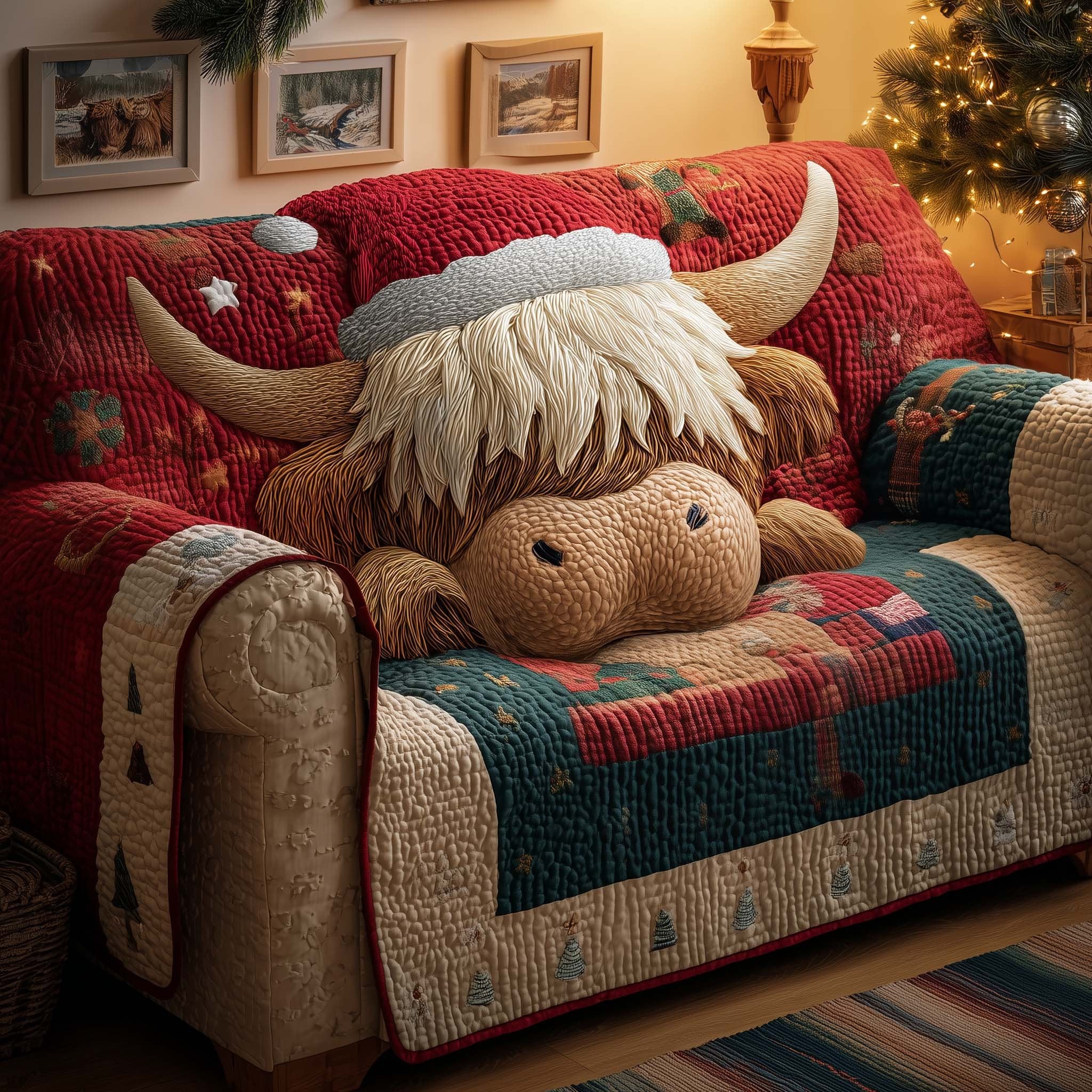 Highland Cow on Teal and Cream Sofa Cover
