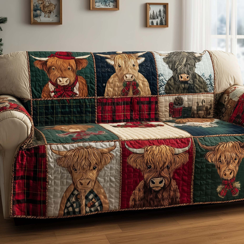 Highland Cows in Scarves on Plaid Sofa Cover