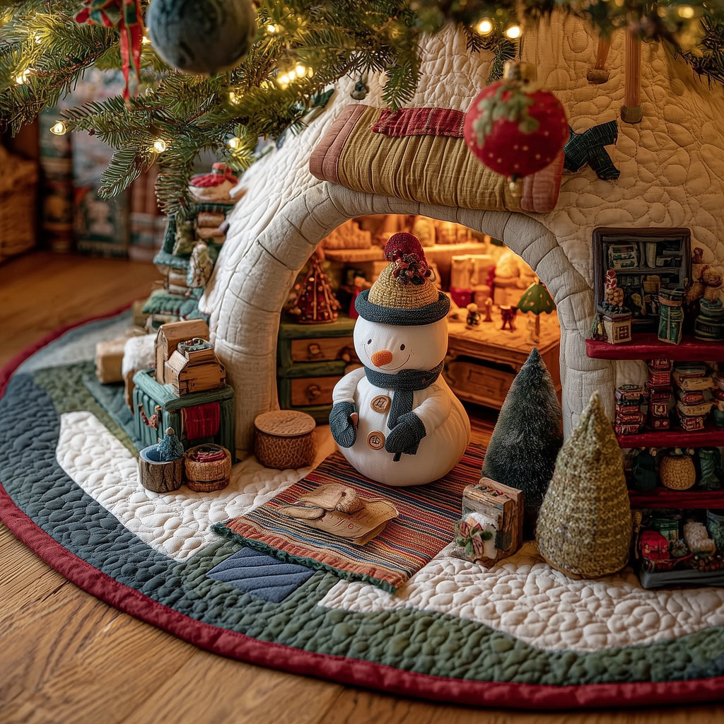 Snowman by the Cabin Fireplace Christmas Tree Skirt