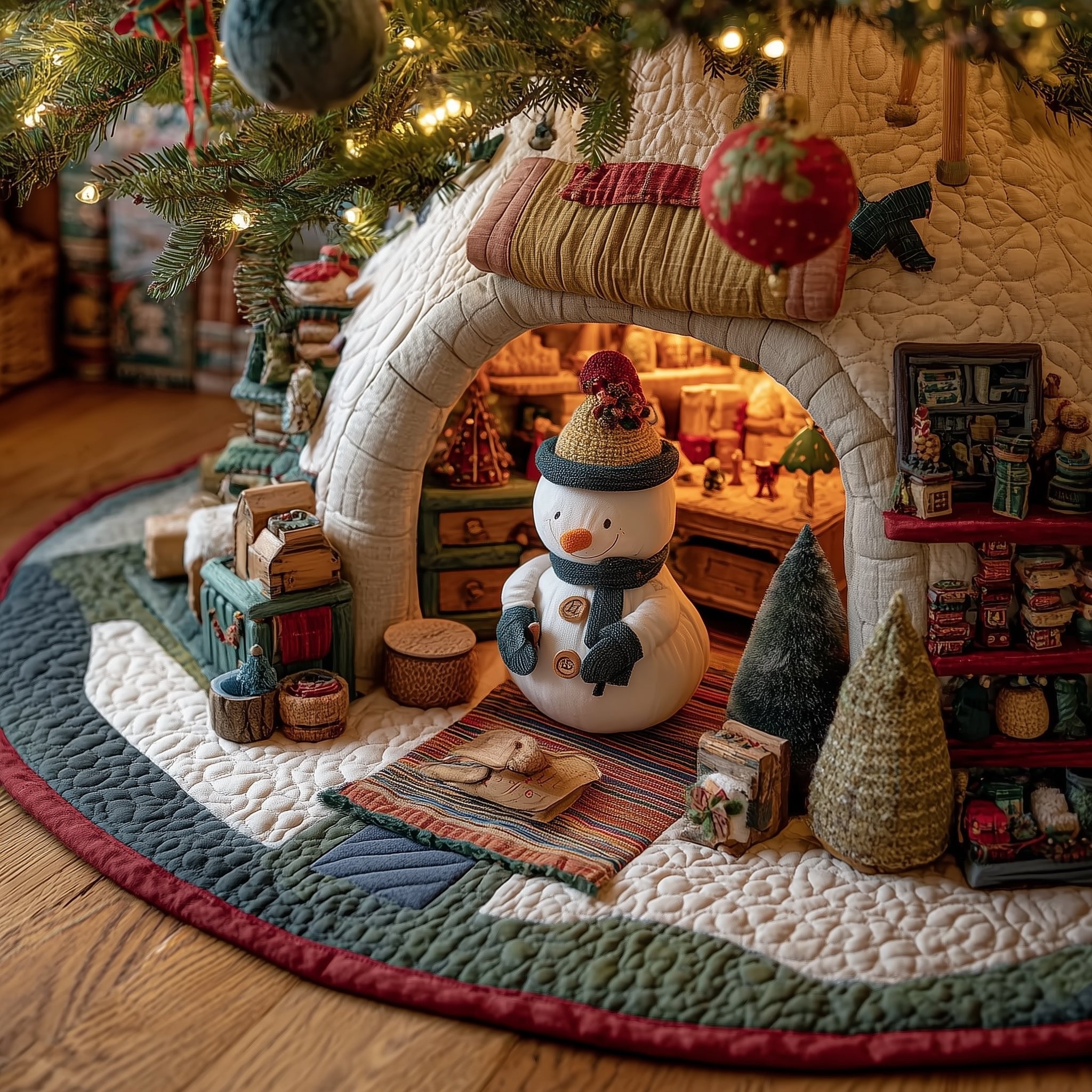 Snowman by the Cabin Fireplace Christmas Tree Skirt