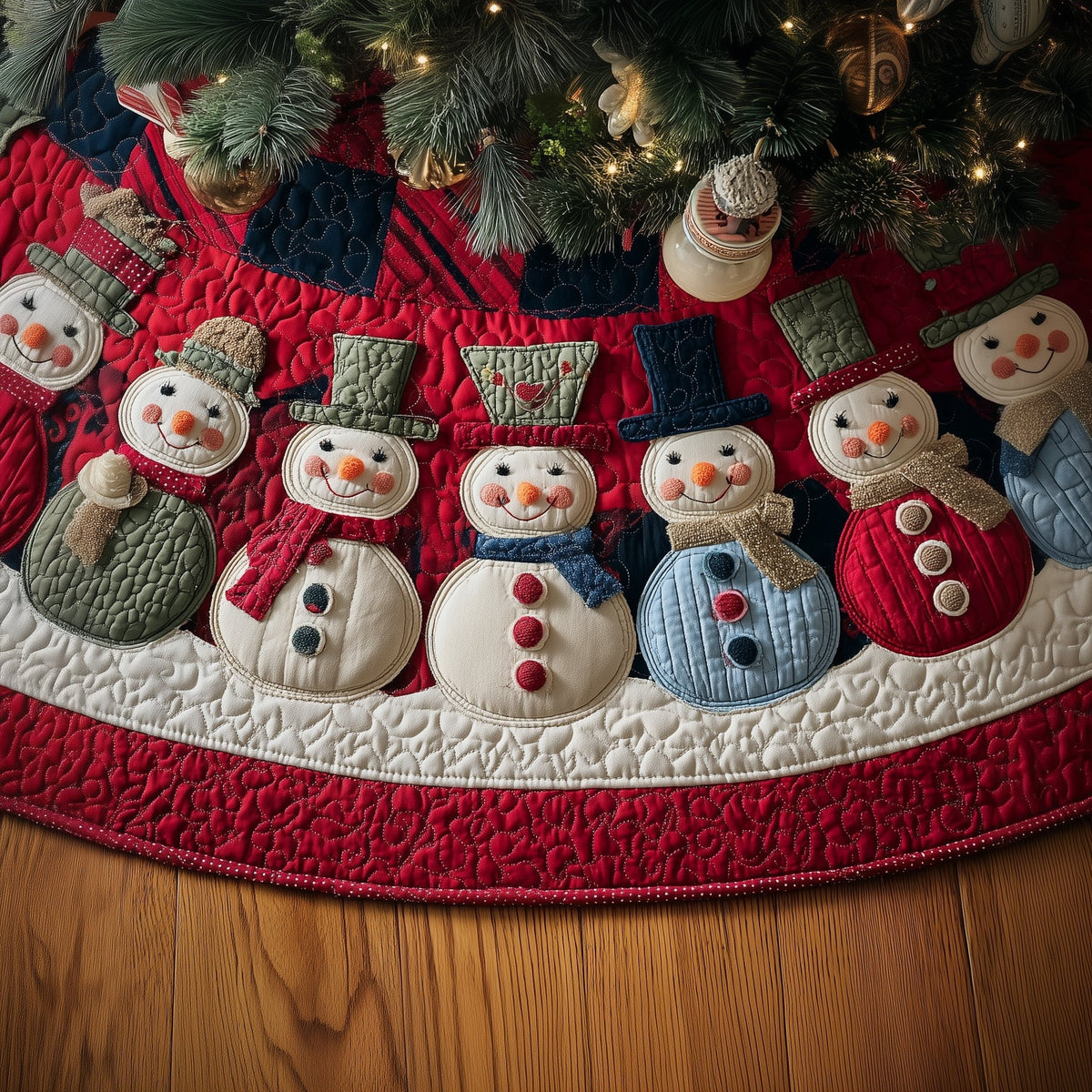 Snowmen Row on Red Quilt Christmas Tree Skirt