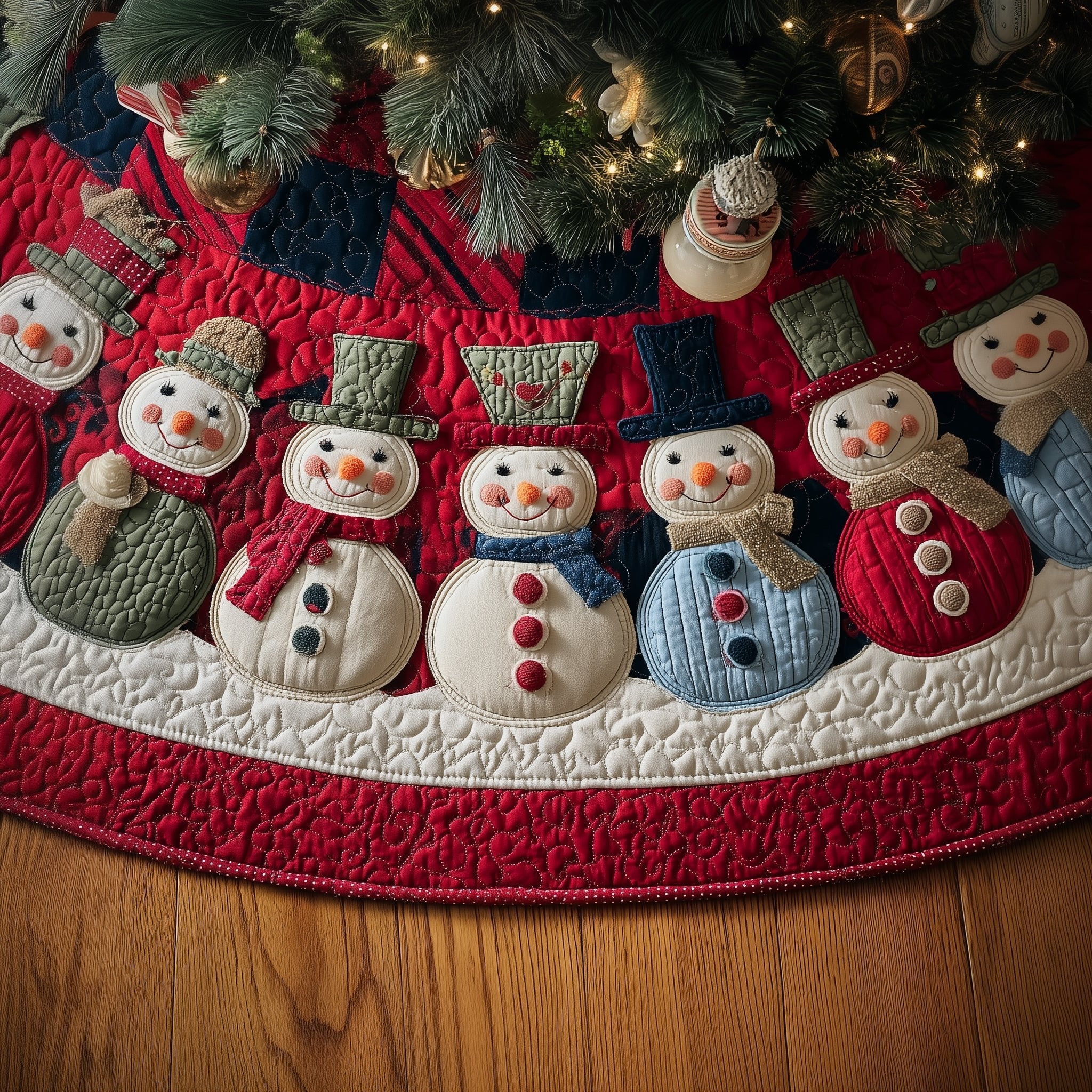 Snowmen Row on Red Quilt Christmas Tree Skirt