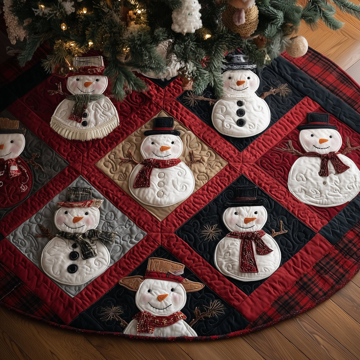Snowmen in Red Diamond Lattice Christmas Tree Skirt