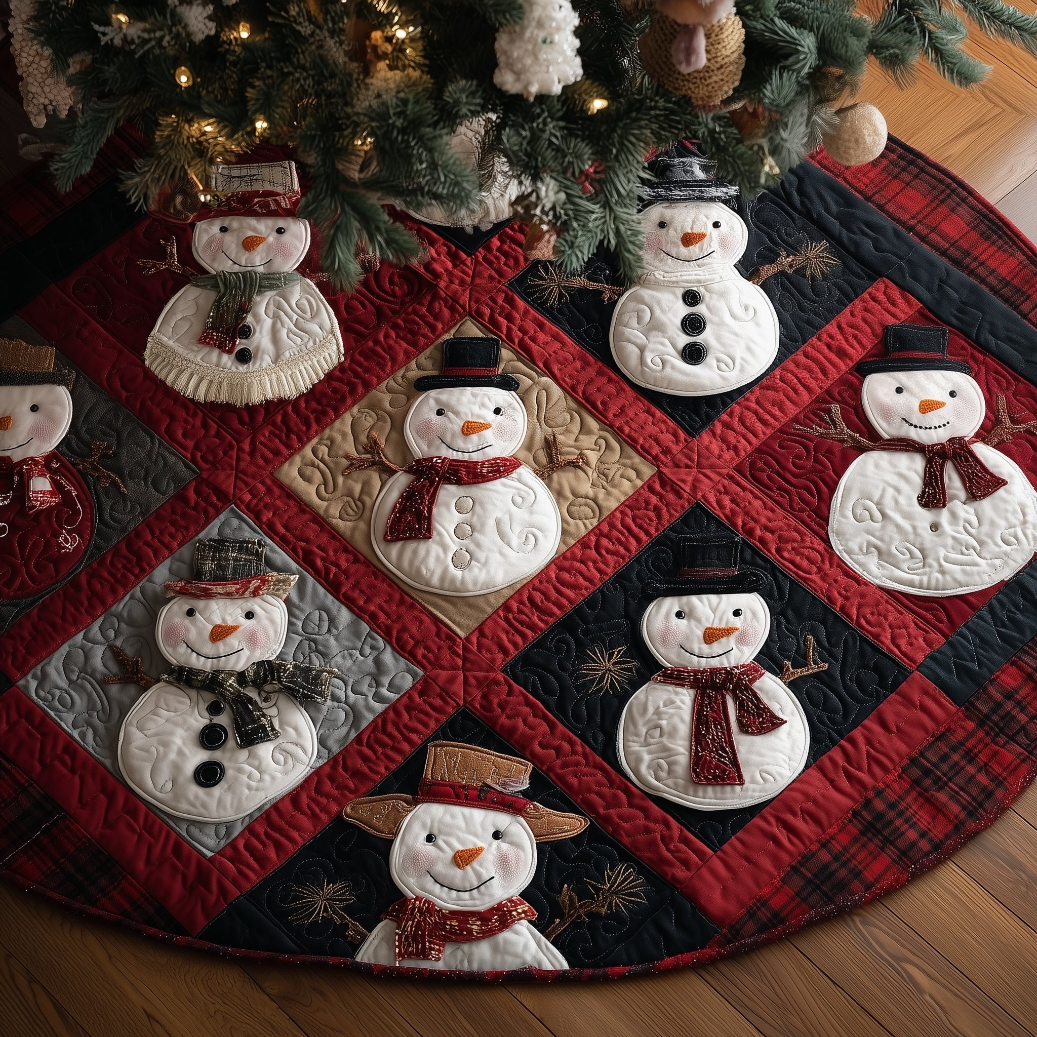 Snowmen in Red Diamond Lattice Christmas Tree Skirt
