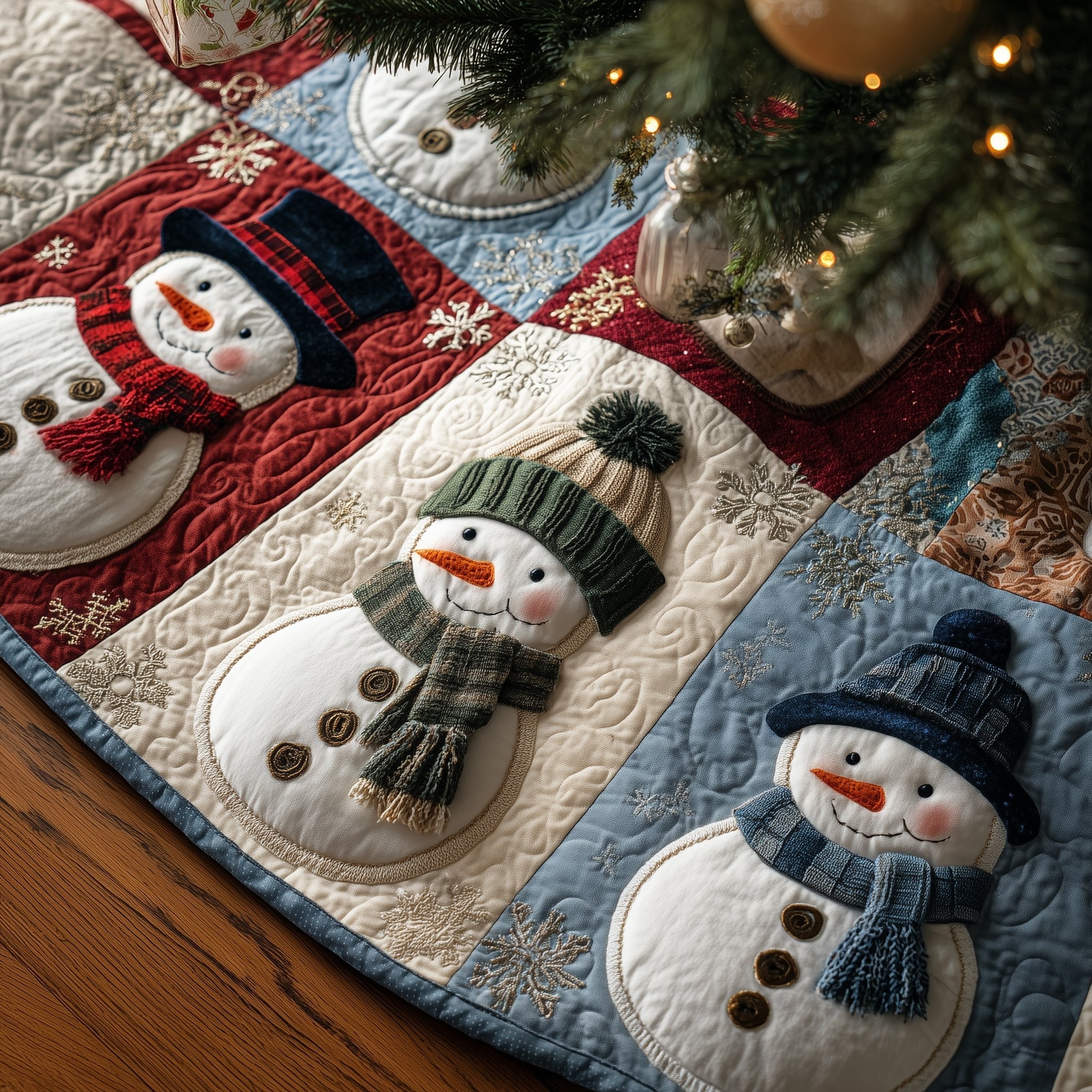 Snowmen with Green Scarves Christmas Tree Skirt
