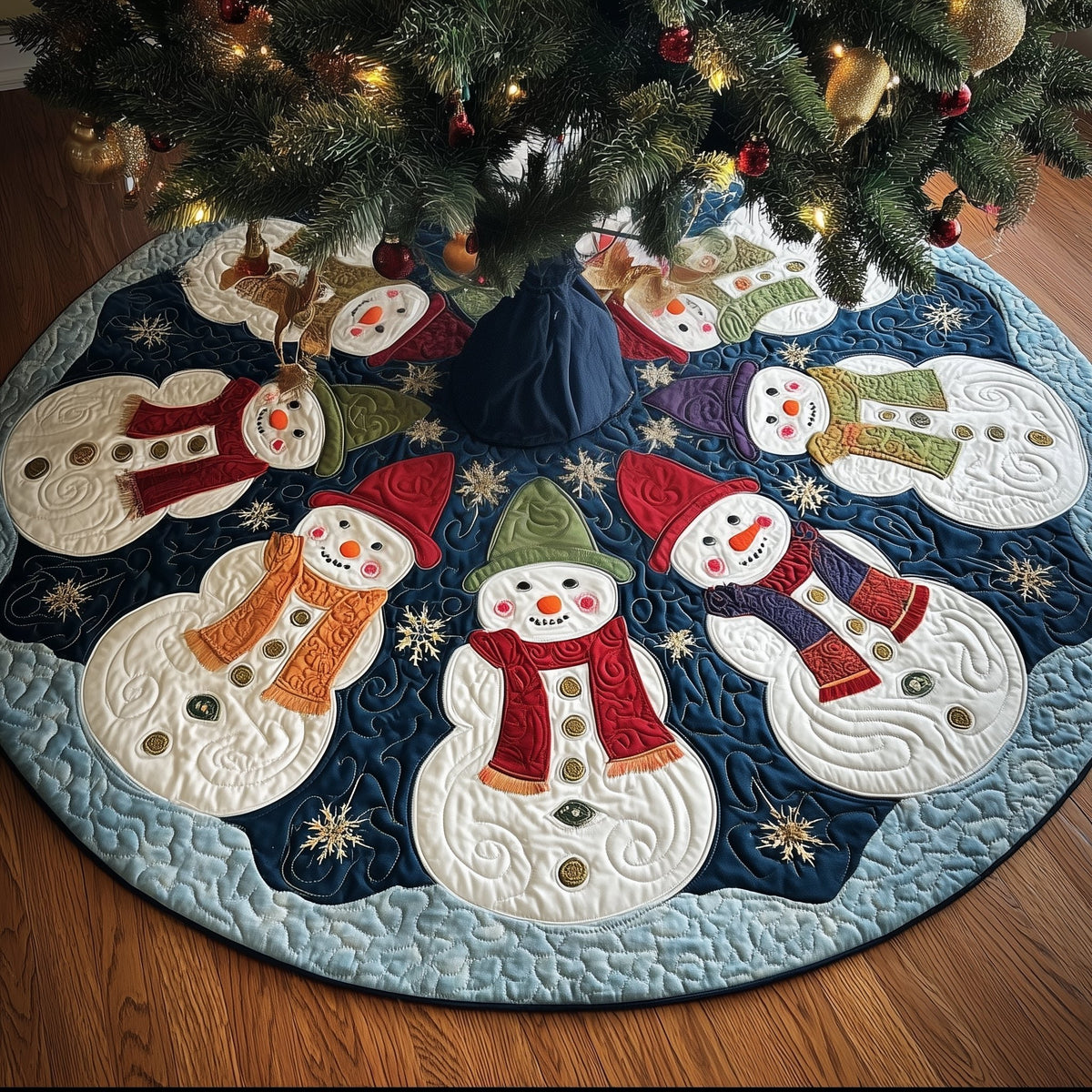Snowmen on Navy and White Quilt Christmas Tree Skirt