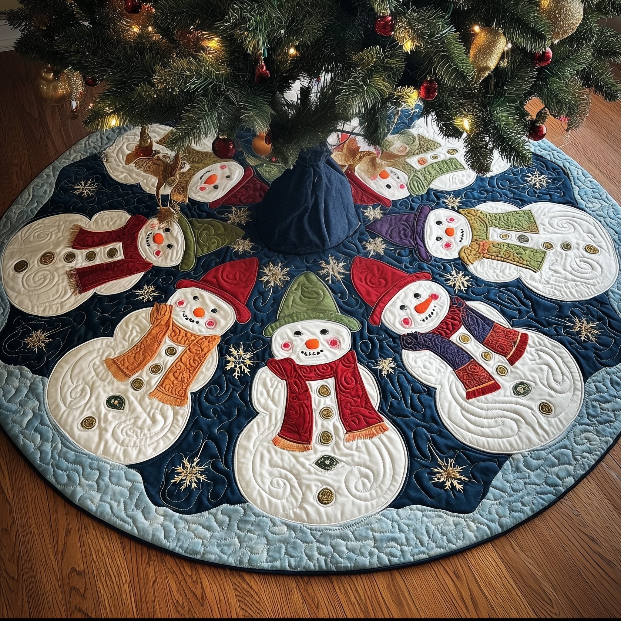 Snowmen on Navy and White Quilt Christmas Tree Skirt
