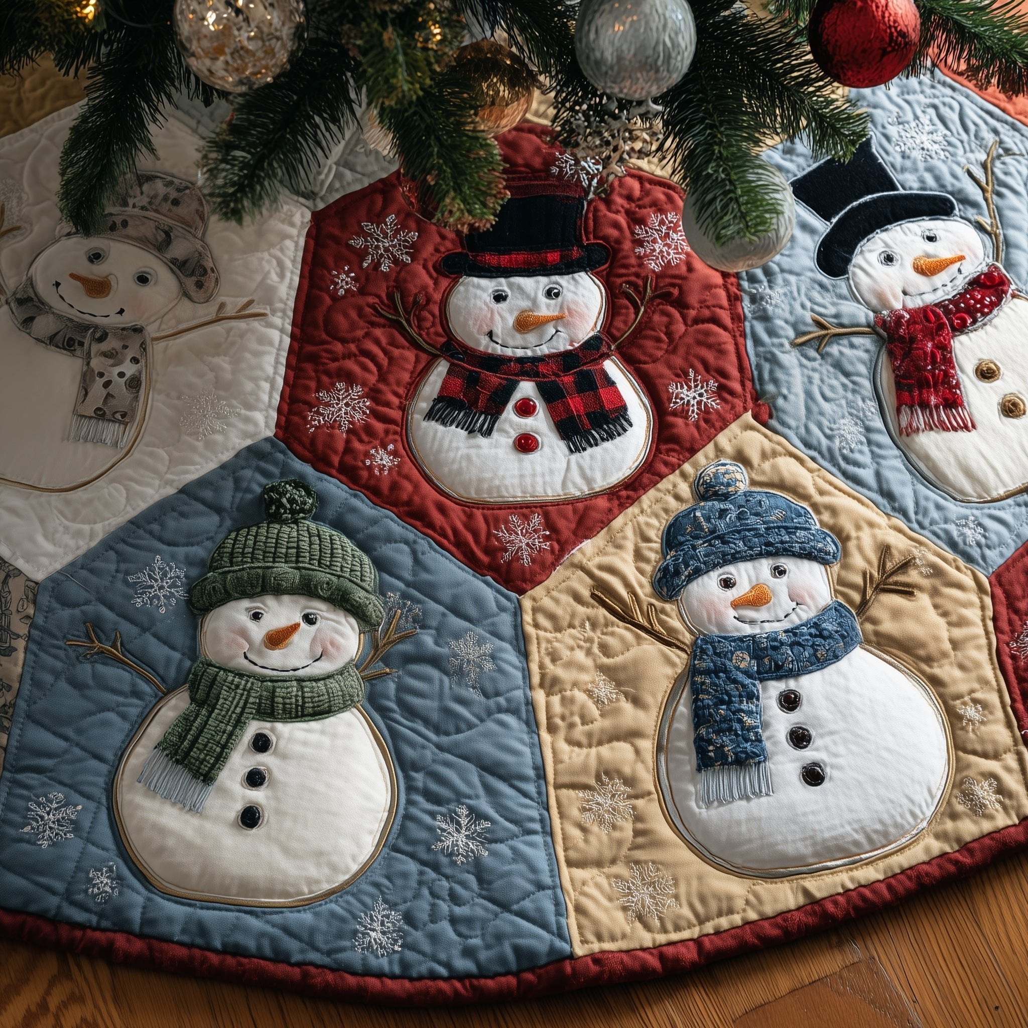 Snowman Hex Patch Sampler Christmas Tree Skirt