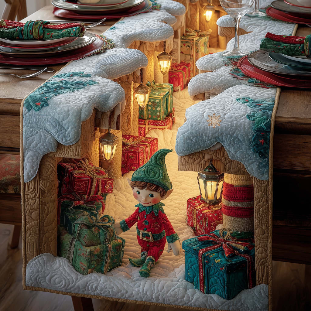 Elf with Gifts in Snow Cave Table Runner