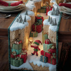 Elves Carrying Presents Through Snow Tunnel Table Runner