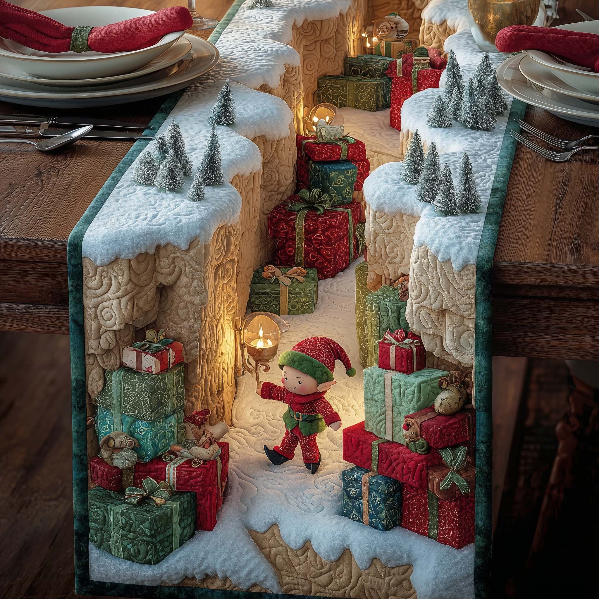 Elves Carrying Presents Through Snow Tunnel Table Runner