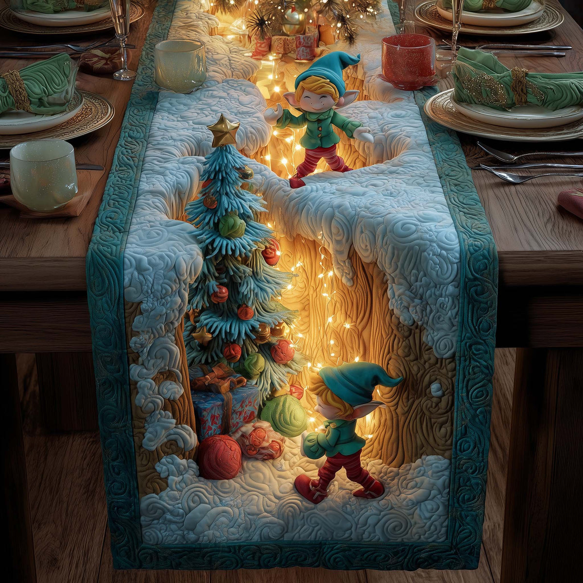 Elf Beside Lit Christmas Tree Table Runner