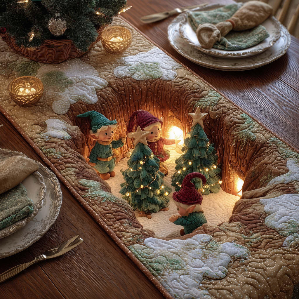 Elves and Glowing Trees in Snow Table Runner