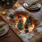 Elves and Glowing Trees in Snow Table Runner