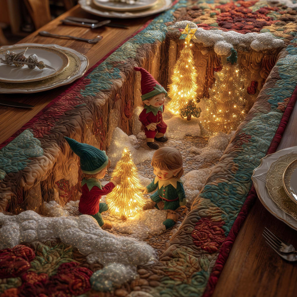 Elves Around a Golden Lit Tree Table Runner