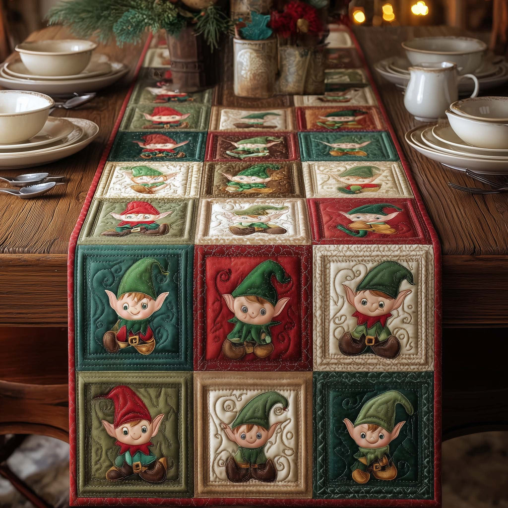 Elf Portrait Squares in Red Green Table Runner