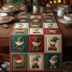 Elf Portrait Squares in Red Green Table Runner