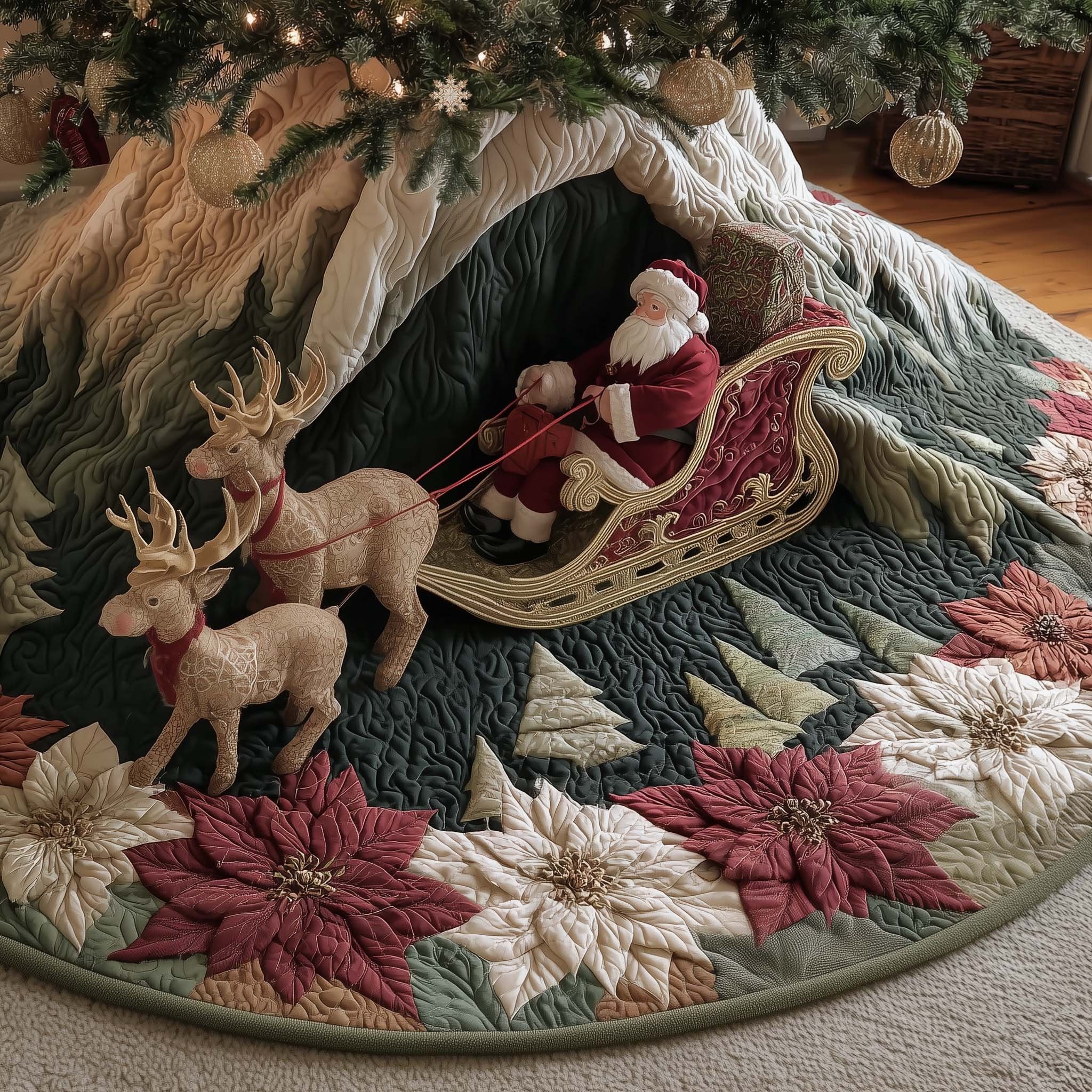 Santa's Sleigh Through the Pines Christmas Tree Skirt