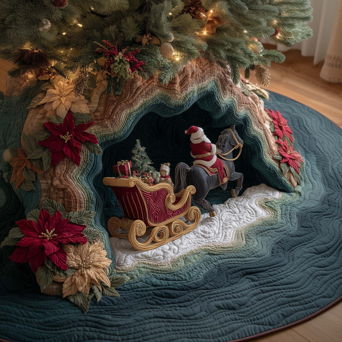 Santa's Sleigh in the Poinsettia Cave Christmas Tree Skirt