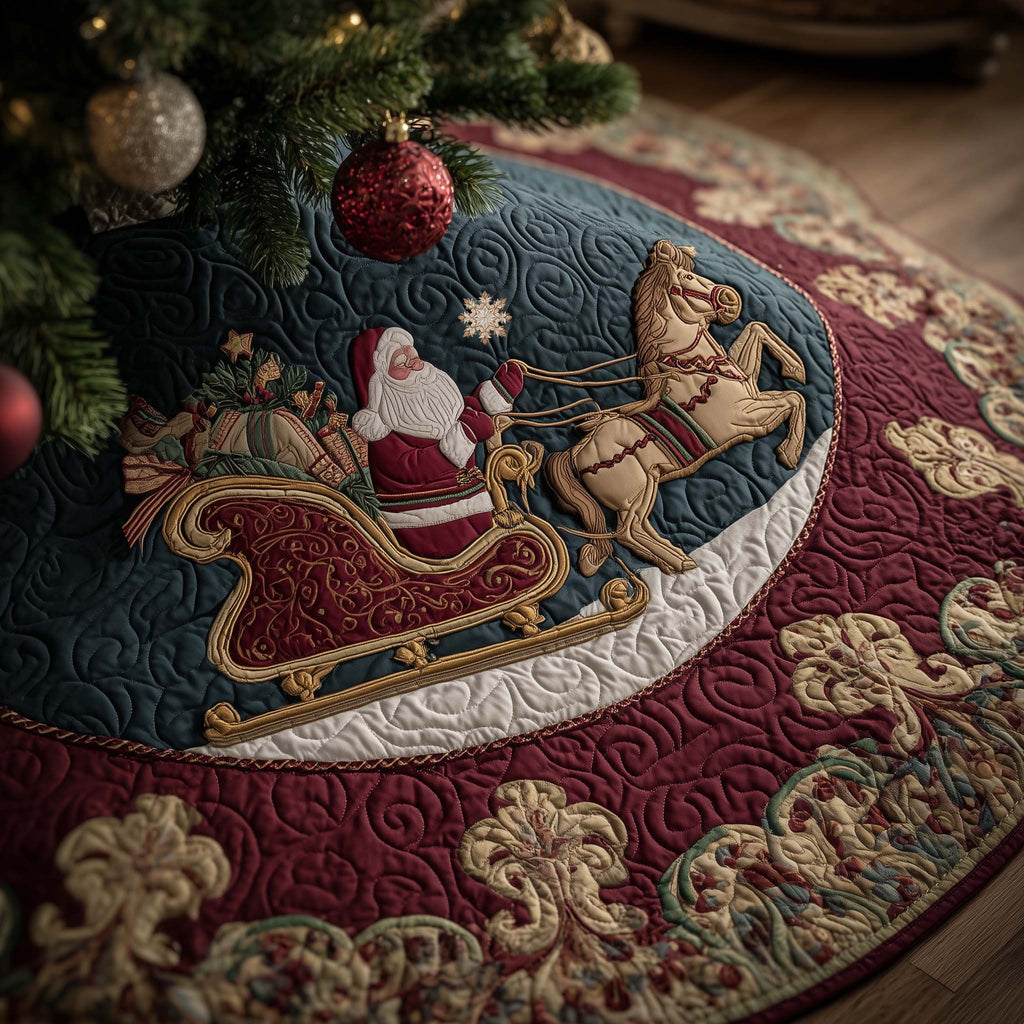 Santa's Sleigh on the Golden Scroll Christmas Tree Skirt