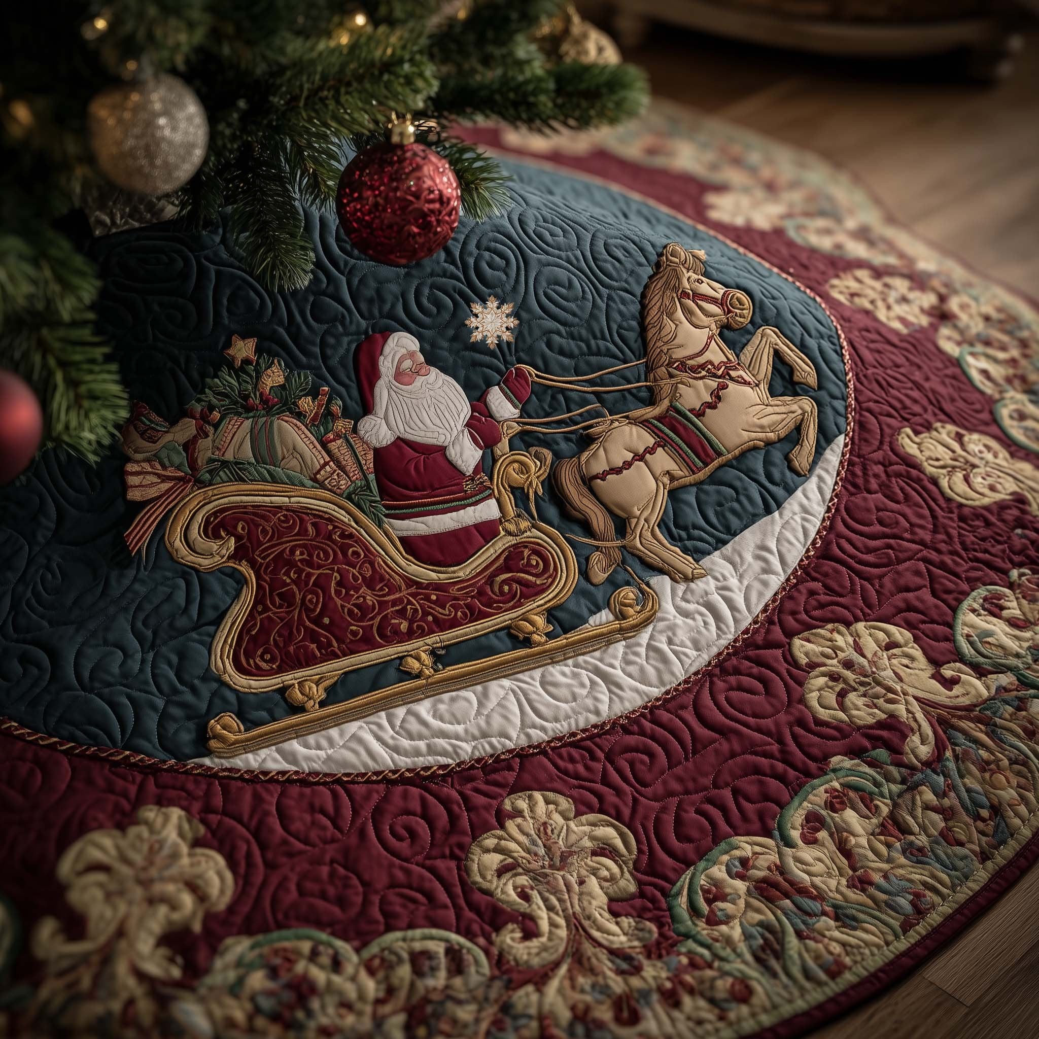 Santa's Sleigh on the Golden Scroll Christmas Tree Skirt